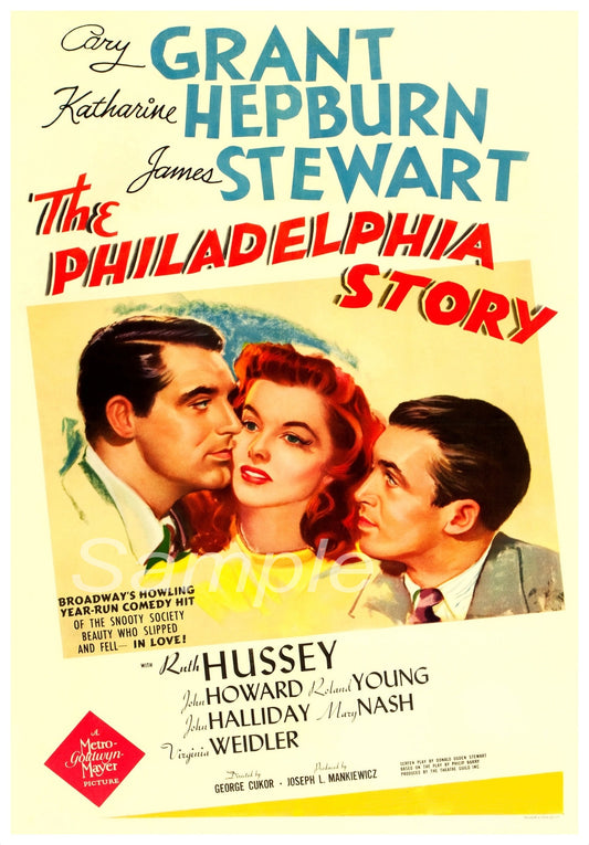 Vintage movie poster print of 'The Philadelphia Story' featuring images of the actors and title text.