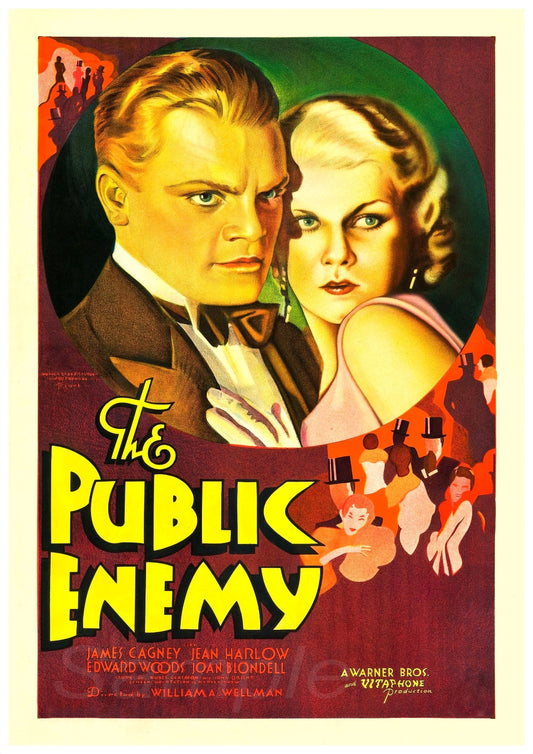 Vintage movie poster print of the film 'The Public Enemy' featuring an image of a man and a woman with expressive gazes, title text, and colorful background.