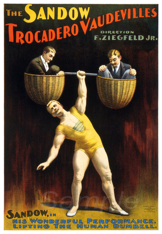 A vintage-style poster depicting a strong man lifting weights, with a scene of people in a theater watching. The poster is titled 'The Sandow Strong Man'.