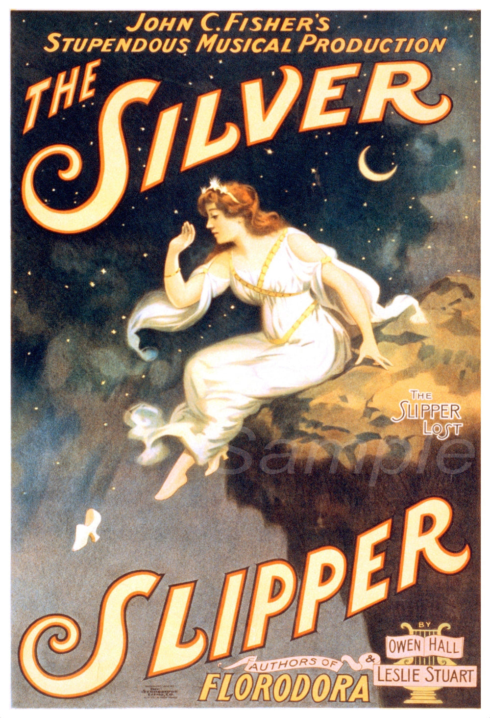 Vintage style poster of 'The Silver Slipper' featuring an illustration of a woman in a night setting with stars and a crescent moon.