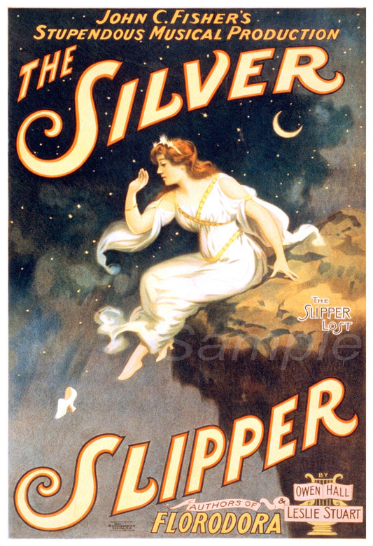 Vintage style poster of 'The Silver Slipper' featuring an illustration of a woman in a night setting with stars and a crescent moon.