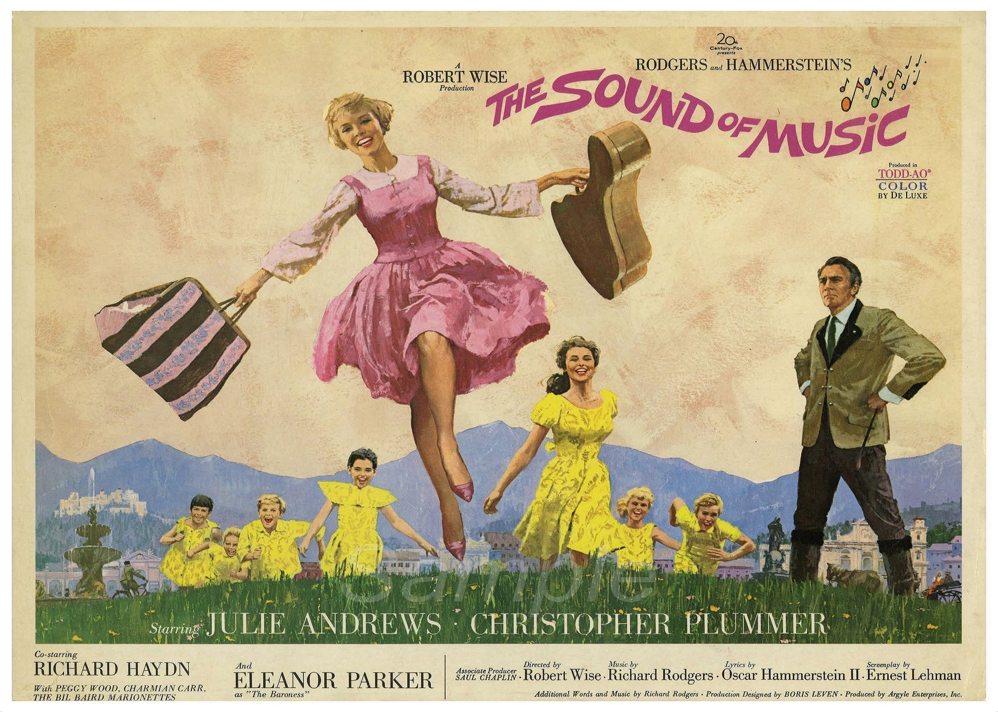 Vintage movie poster print of 'The Sound of Music' featuring characters in vibrant colors against a mountainous backdrop.