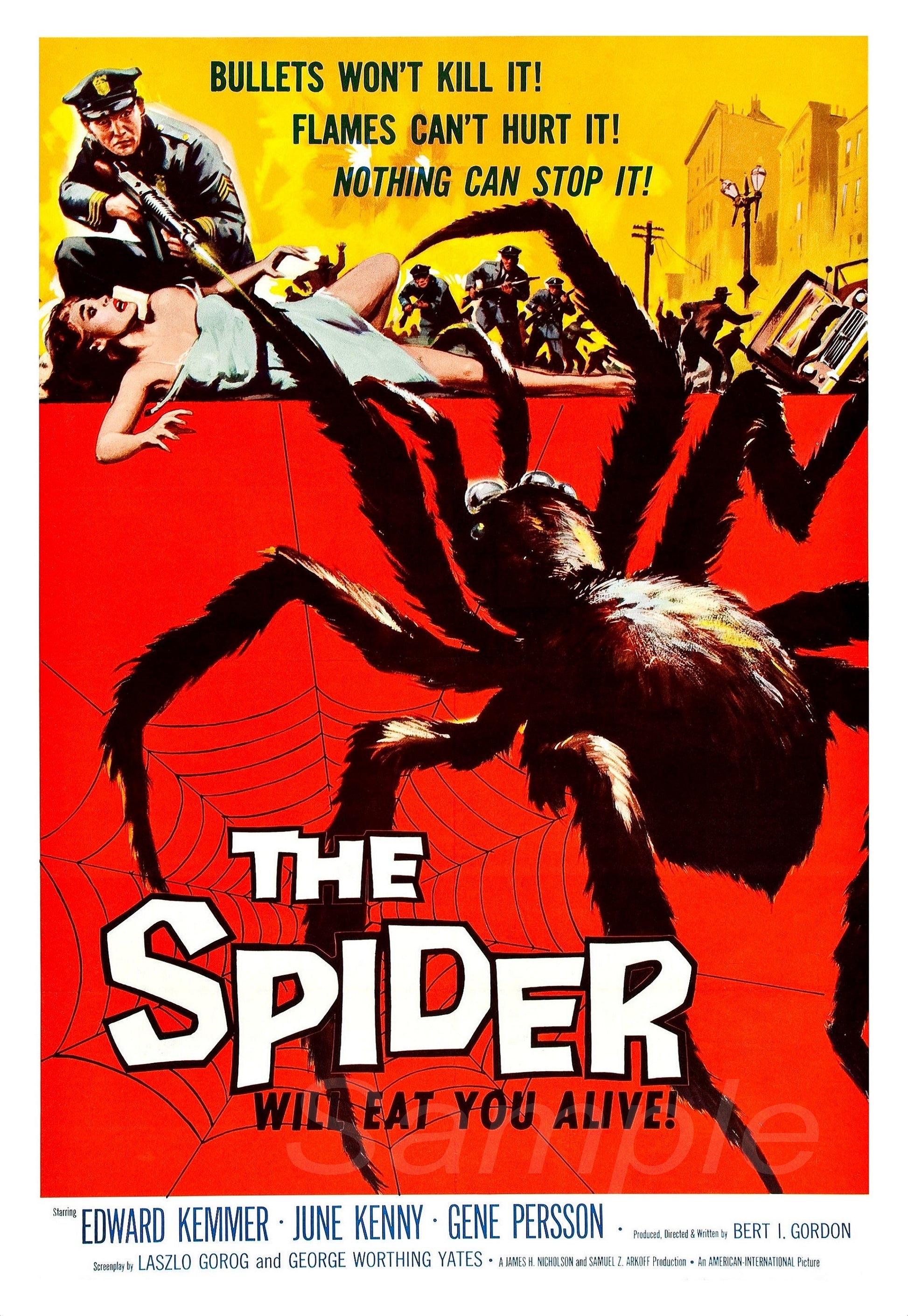 Vintage movie poster print titled 'The Spider' featuring a large spider on the artwork, with a red and yellow background, text and images indicating it's a horror movie.