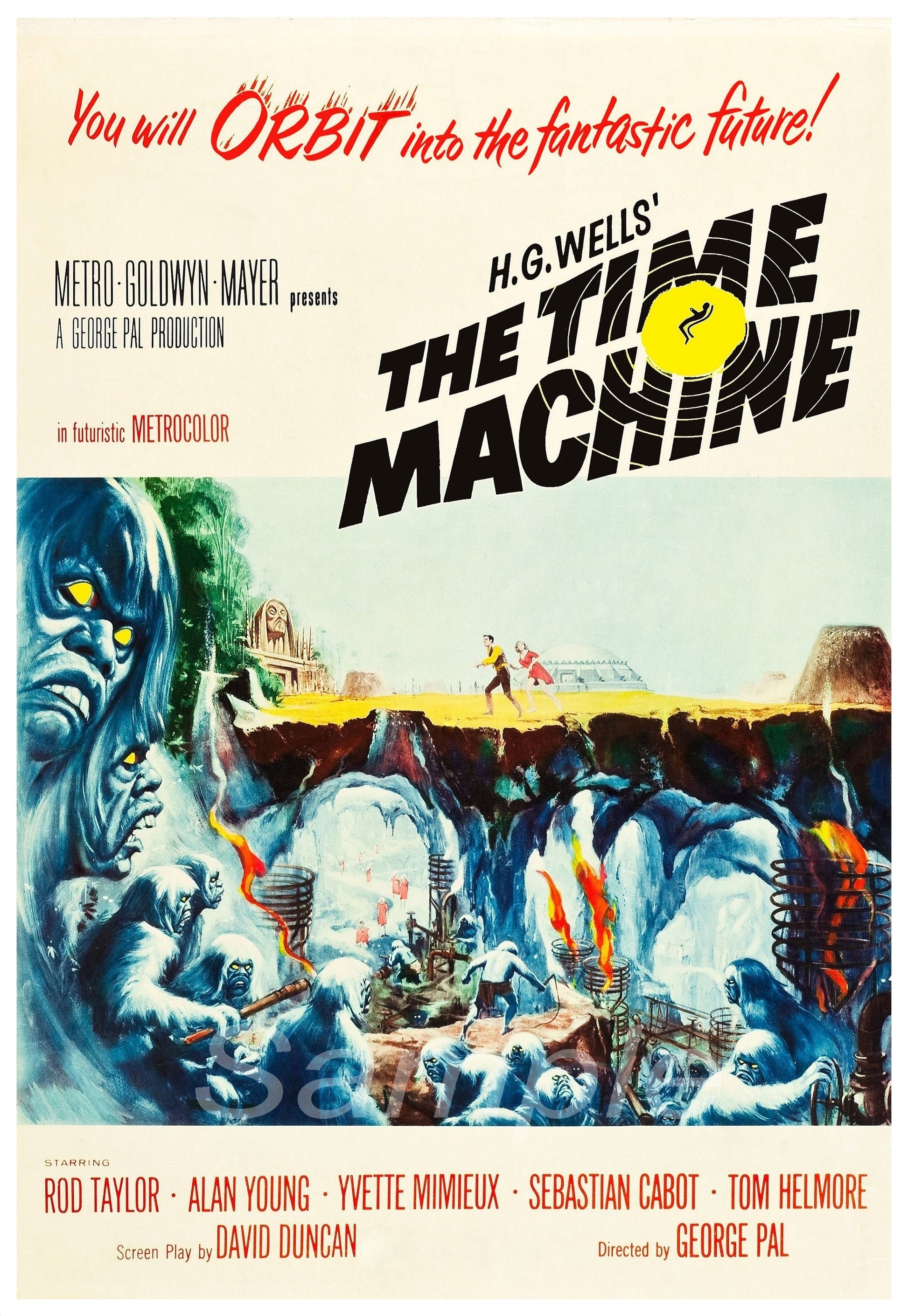 Vintage movie poster print of 'The Time Machine' by H. G. Wells, featuring a futuristic cityscape and a time machine.