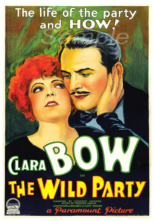 Vintage movie poster print featuring two characters with the title 'The Wild Party' and the name 'Clara Bow' displayed prominently.