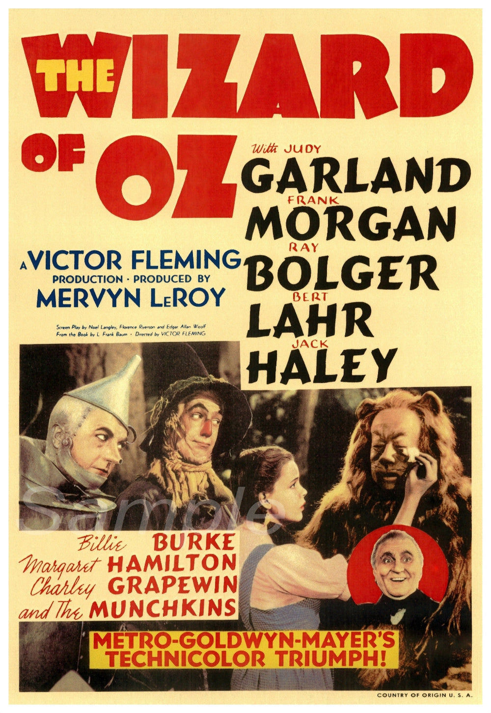 Vintage movie poster print of 'The Wizard of Oz' featuring character portraits and text detailing the movie's title and cast.