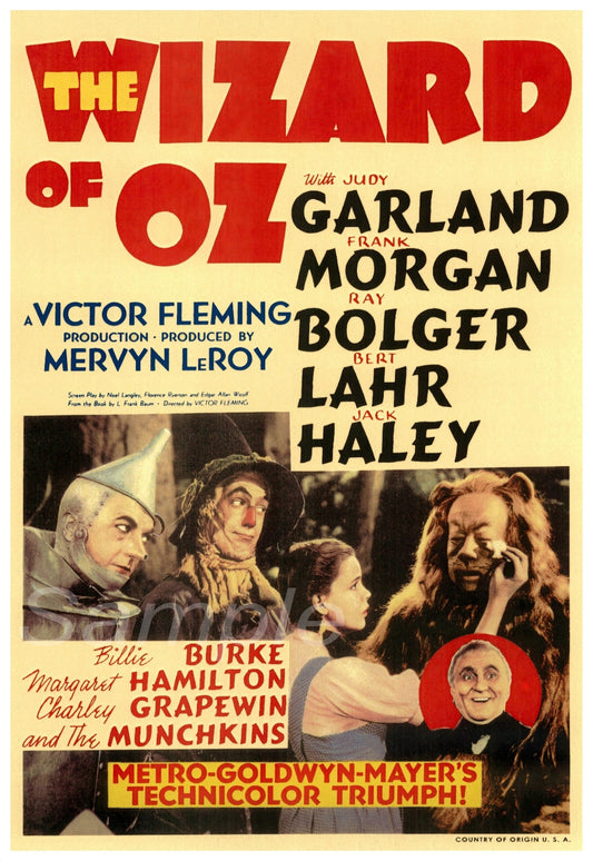 Vintage movie poster print of 'The Wizard of Oz' featuring character portraits and text detailing the movie's title and cast.
