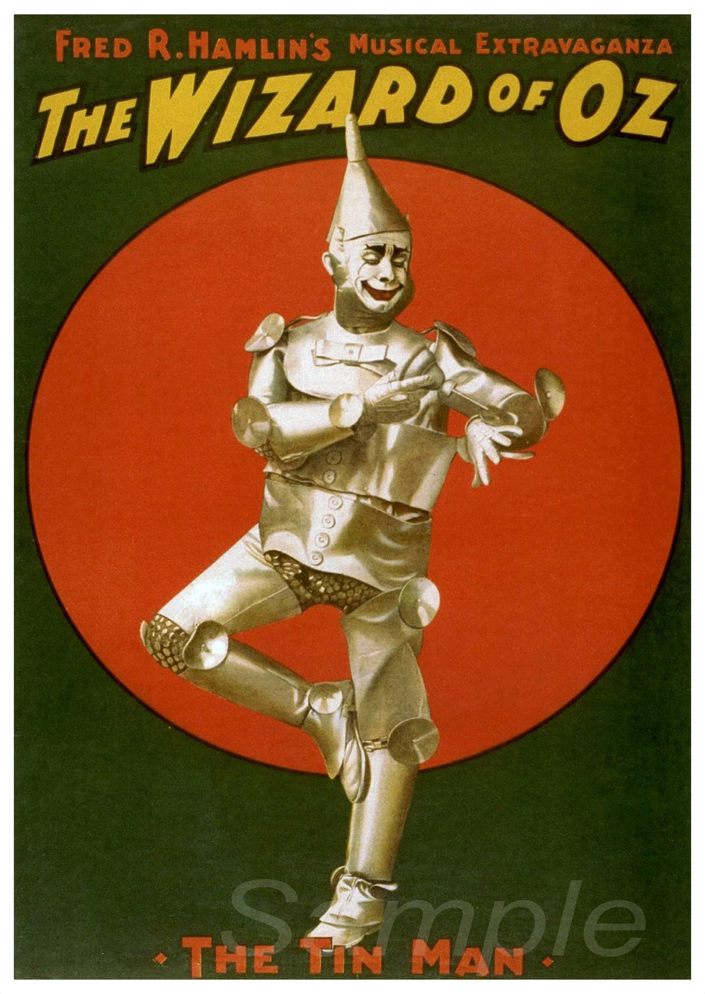Vintage movie poster print of 'The Wizard of Oz' featuring The Tin Man character in silver costume against a red and black background.