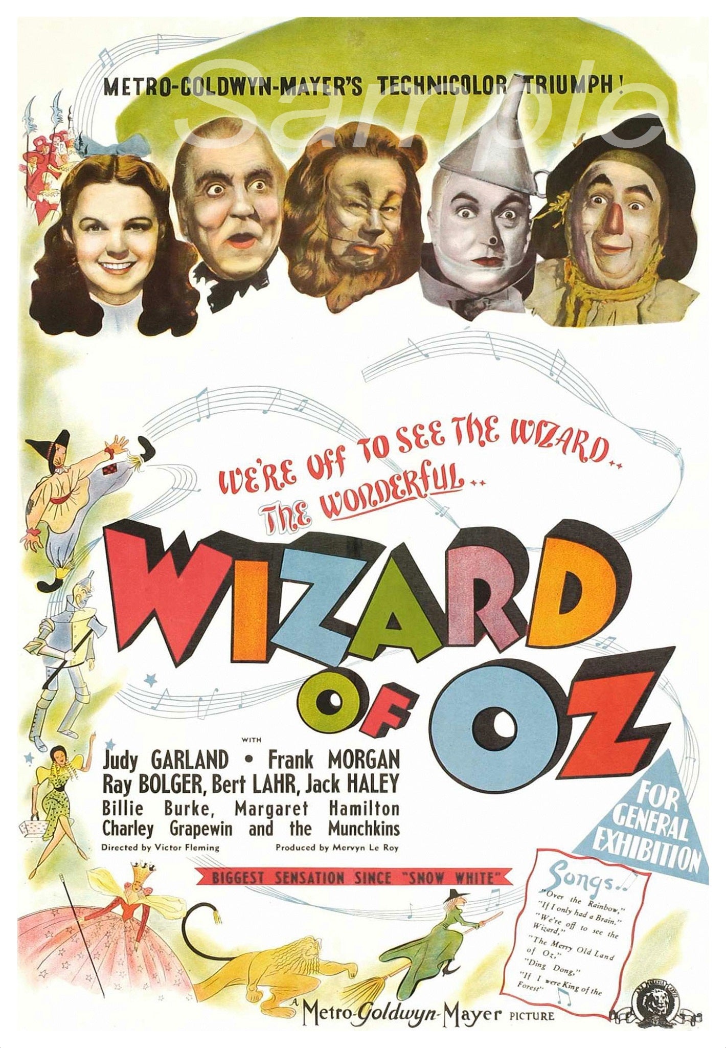 Vintage movie poster print of 'The Wizard of Oz' featuring character portraits and text.