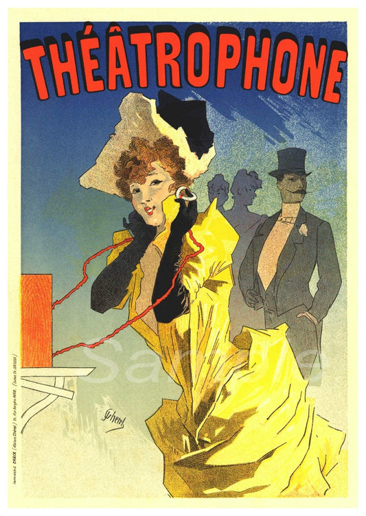 A vintage style poster featuring a woman in a yellow dress and a man in a suit, with the text 'THÉATÉROPHONE' prominently displayed.