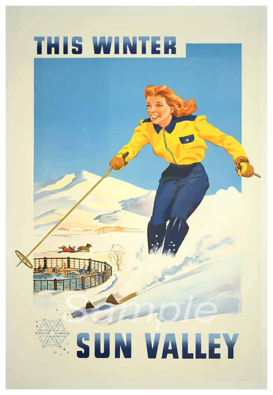 A vintage travel poster print featuring a woman skiing with the text 'This Winter Sun Valley' and an image of a ski resort in the background.