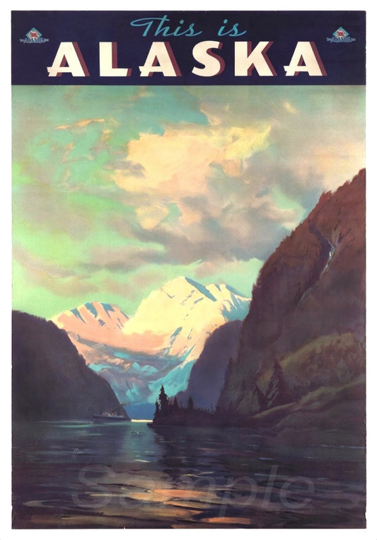 A vintage travel poster print titled 'This is Alaska' depicting a scenic view of Alaska's mountains and a lake.