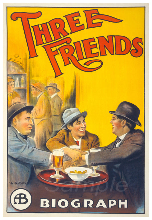 A vintage style poster of 'Three Friends' beer featuring an illustration of three men enjoying drinks at a pub,