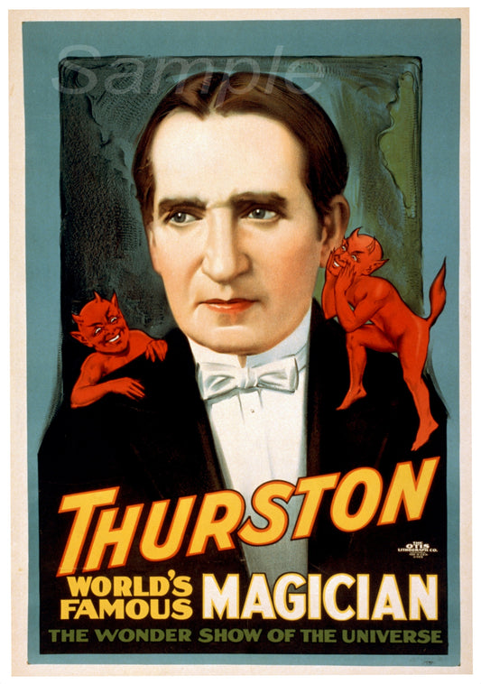 Vintage advertising poster featuring a man in a suit with a red demon-like figure on his shoulder, titled 'Thurston World’s Famous Magician'.