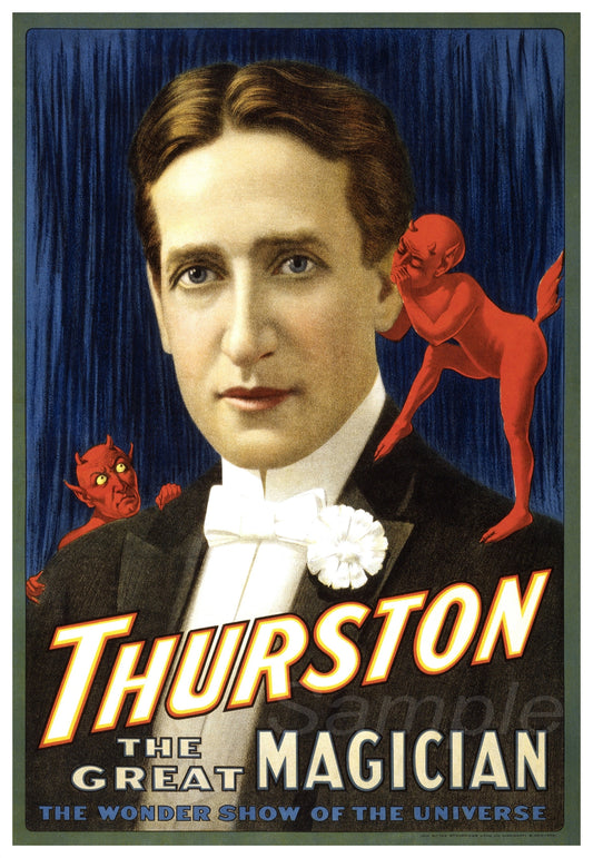 Vintage style poster of Thurston the Great Magician with illustrated red dogs in the background.
