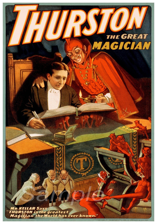 A vintage style advertisement for Thurston the Great Magician, featuring an illustration of a man in a red magician's costume with a hat, surrounded by elements suggesting magic acts, such as a book, a wand, and a backdrop featuring a musical stage setting.