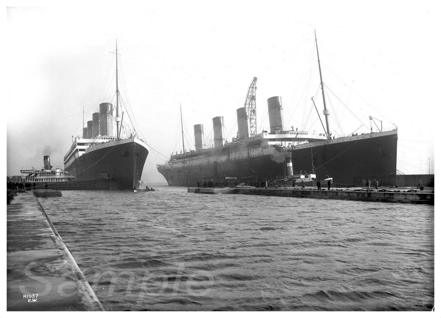 A vintage black and white poster featuring the RMS Titanic and Olympic ships docked.