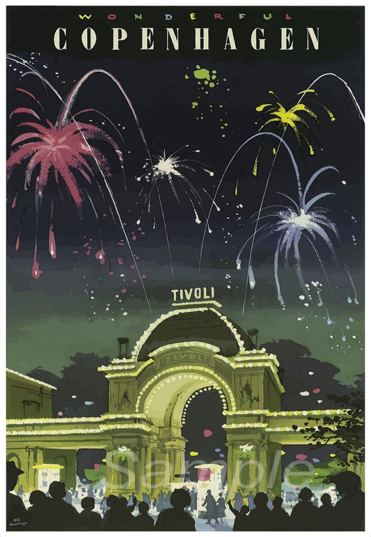 A vintage travel poster print depicting fireworks over Tivoli Gardens in Copenhagen, with an illuminated archway and silhouetted people in the foreground.