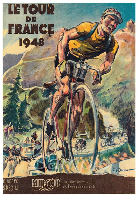 A vintage poster of the 1948 Tour De France featuring an illustration of a cyclist on a mountainous landscape background.
