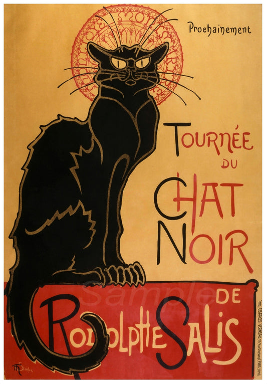 A vintage style poster featuring a black cat sitting atop a table with text surrounding it, indicative of a retro advertising design.