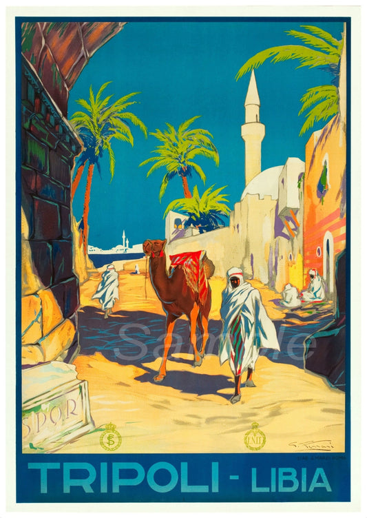 A vintage travel poster depicting a scene in Tripoli, Libya with a camel in the foreground and a mosque in the background.