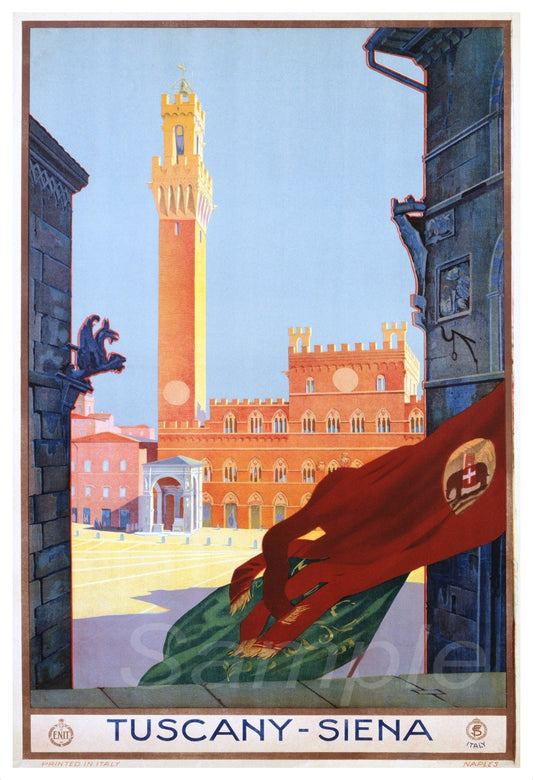 A vintage travel poster depicting a scene in Tuscany, Italy, with a focus on the Siena cityscape, including the Palazzo Pubblico and a flying scarf with the text 'Tuscany - Siena'.