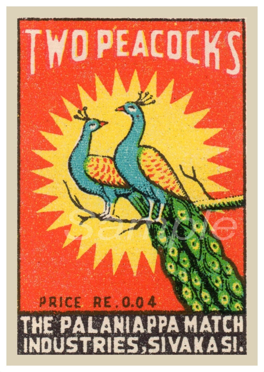A vintage-style poster print with two peacock illustrations and the text 'TWO PEACOCKS' in bold lettering, representing a retro wall art.