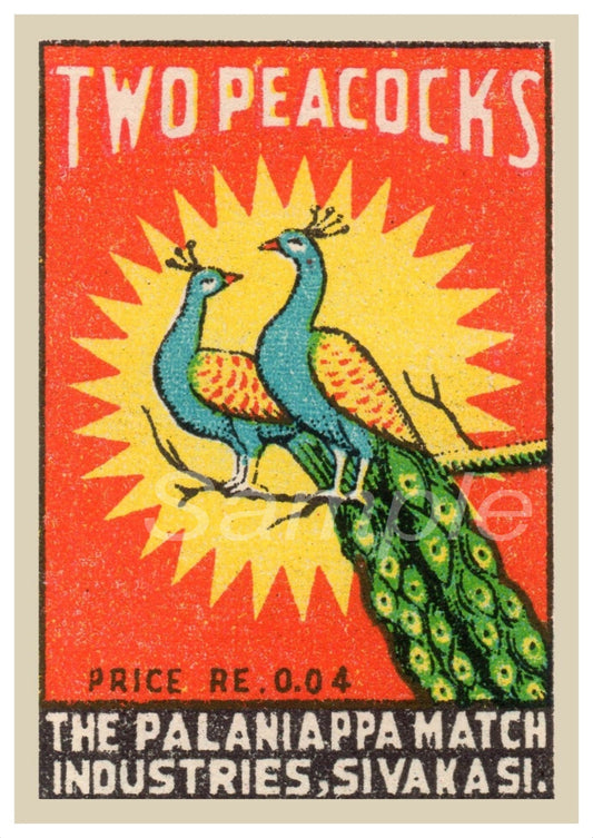A vintage-style poster print with two peacock illustrations and the text 'TWO PEACOCKS' in bold lettering, representing a retro wall art.