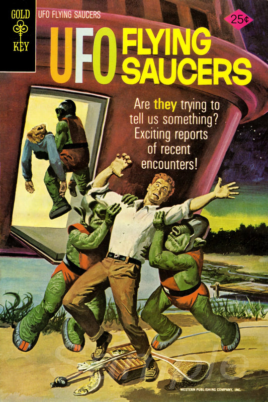 A vintage-style poster depicting a flying saucer with the title 'UFO Flying Saucers' and an illustration of a man and an alien on the ground.