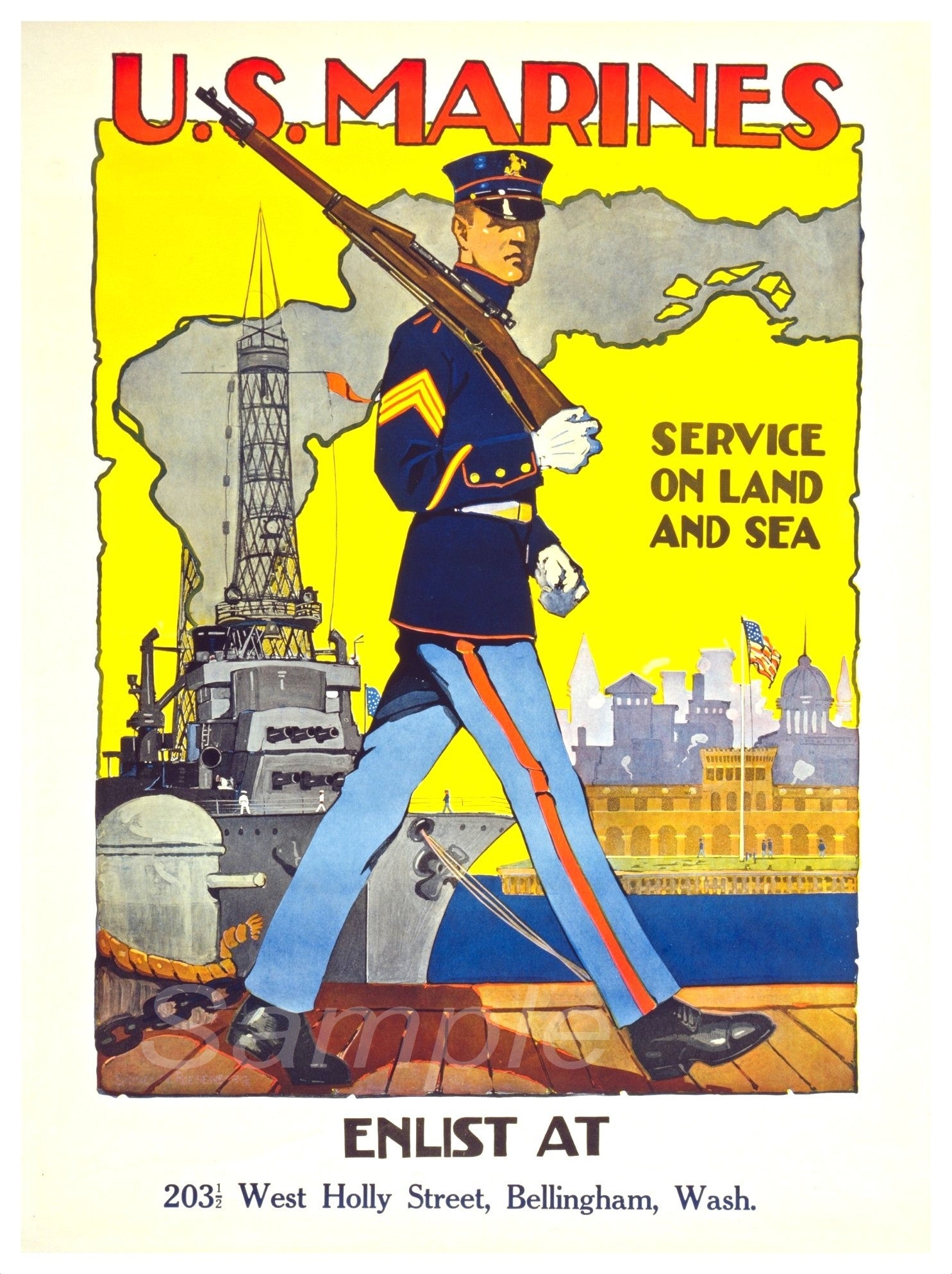 A vintage style poster of the US Marines, featuring a soldier with a rifle, Background includes iconic landmarks.