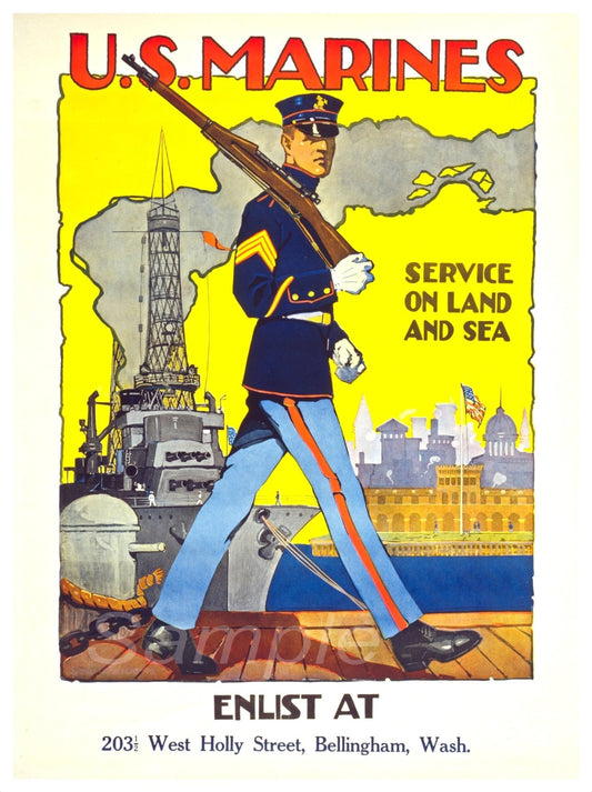 A vintage style poster of the US Marines, featuring a soldier with a rifle, Background includes iconic landmarks.