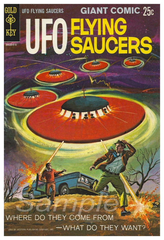 A vintage-style poster depicting multiple flying saucers above a city, with a question 'WHERE DO THEY COME FROM - WHAT DO THEY WANT?' and the title 'UFO FLYING SAUCERS'.