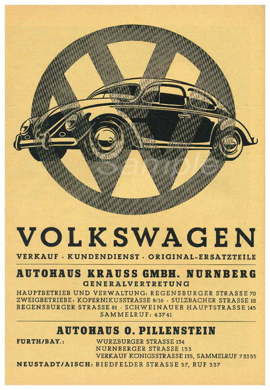 A vintage Volkswagen VW Beetle advertisement poster print, featuring a graphic of the car with a background of yellow and text.