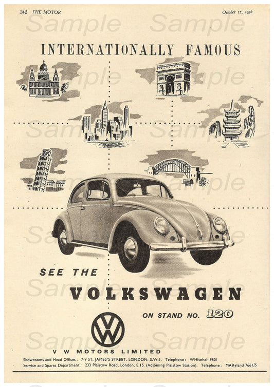 A vintage Volkswagen VW Beetle advertisement poster featuring the car in a grey tone with illustrations of famous landmarks and text detailing the car's fame.