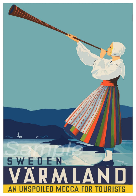 A vintage travel poster depicting a person in traditional Swedish clothing playing a horn, with the text 'Sverige Sweden Årmland An unsplained mecca for tourists'.