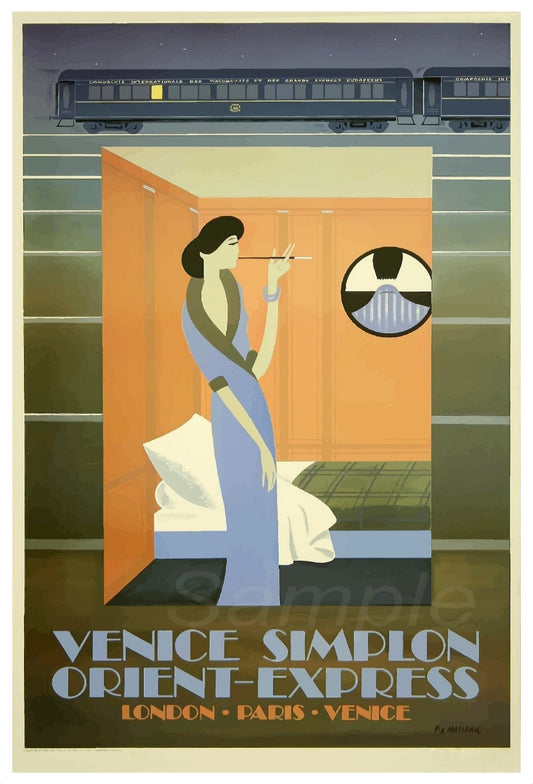 A vintage style poster of the Orient Express railway with a illustration of a woman in a train station, text Venice Simplon Orient Express, and the names of cities London, Paris, and Venice.