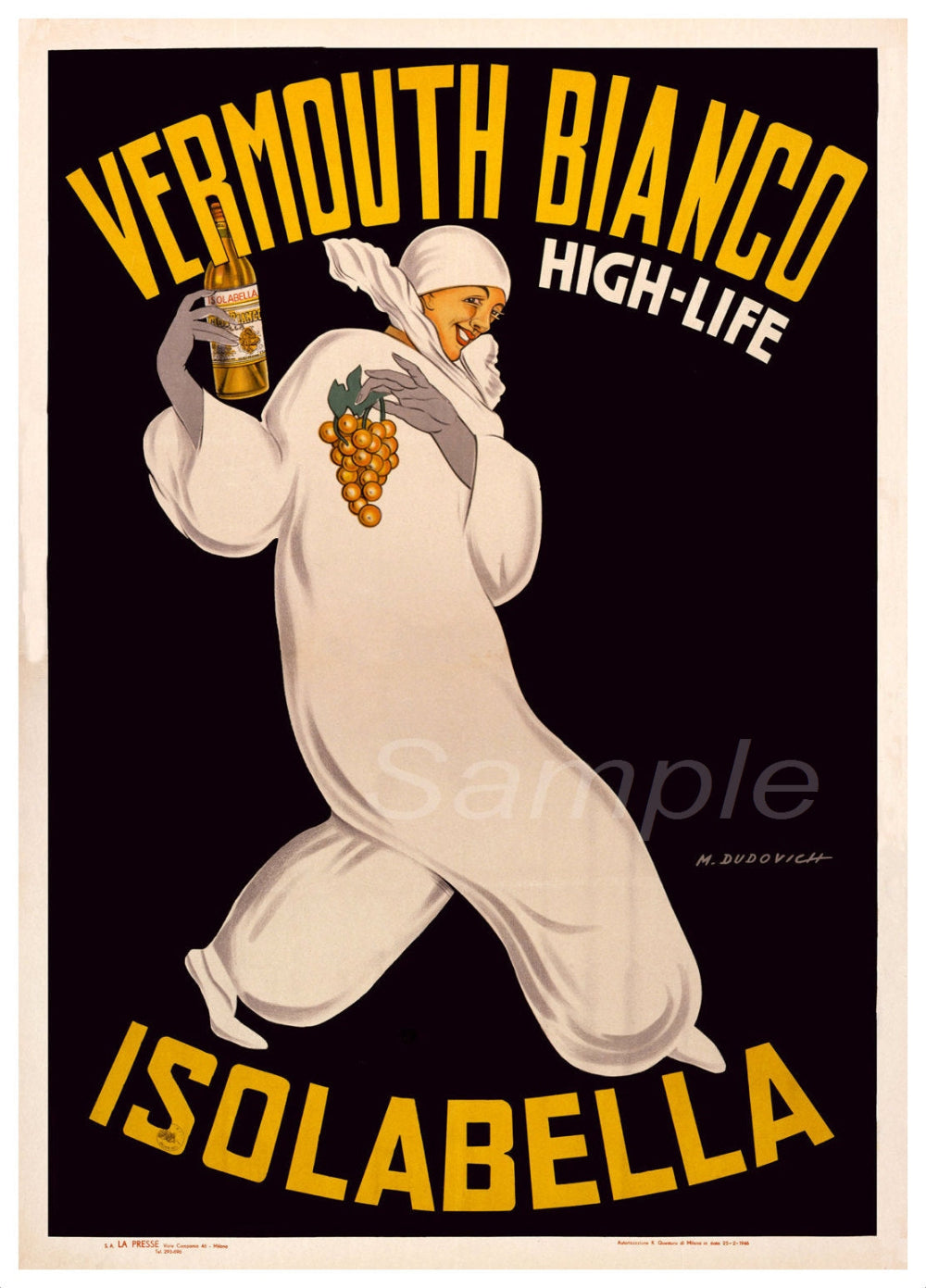 A vintage style poster of Vermouth Bianco featuring an illustrated character with a glass of wine and grapes, text stating 'ISOLABELLA' and 'HIGH-LIFE'.