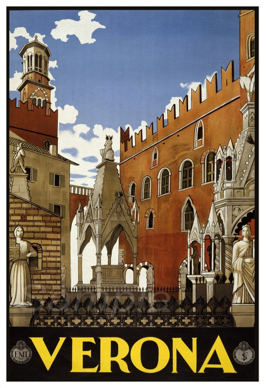 A vintage travel poster depicting a scene in Verona, Italy, with the name 'VERONA' at the bottom.