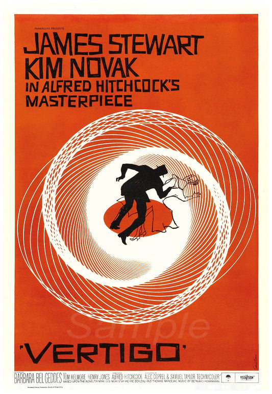 A vintage movie poster print for the film 'Vertigo' with a red and orange color scheme and graphic design elements.