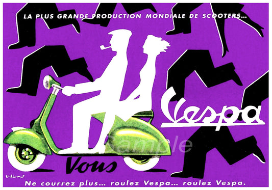 A vintage advertisement poster for Vespa scooters featuring a green scooter and stylized human figures on a purple background.