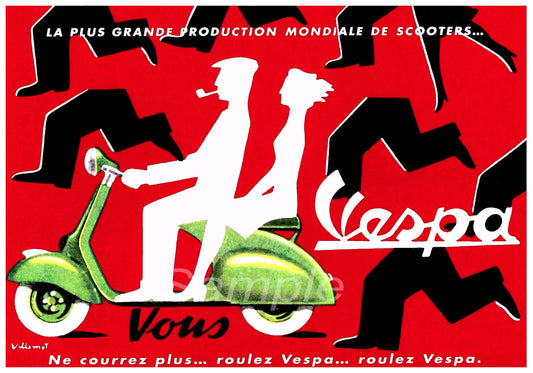 A vintage advertisement poster for Vespa scooters featuring a green scooter and a graphic of a person riding it, with text and other design elements.
