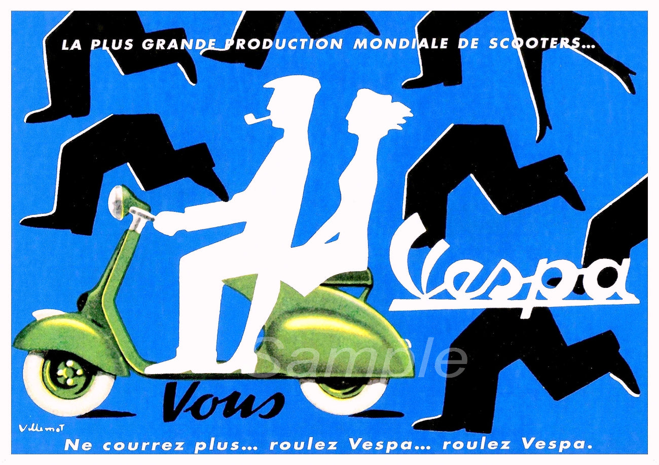 A vintage advertisement poster for Vespa scooters featuring a green scooter and human silhouettes against a blue background.