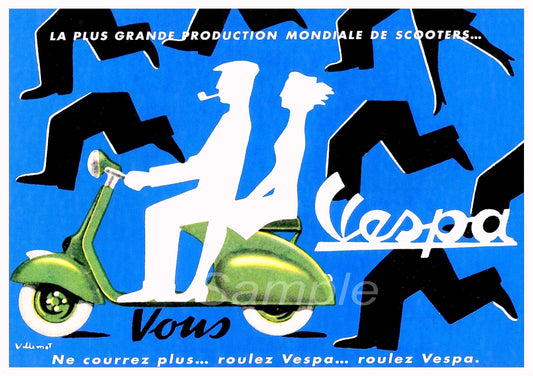 A vintage advertisement poster for Vespa scooters featuring a green scooter and human silhouettes against a blue background.