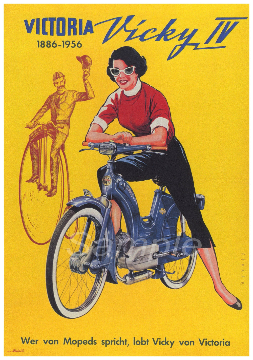 A vintage style poster of a woman riding a blue Victoria Vicky II moped, with yellow background and additional text.