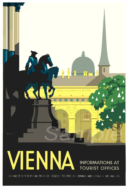 A vintage travel poster depicting a rider on horseback with Vienna cityscape in the background, titled 'VIENNA Informations AT TOURIST OFFICES'.