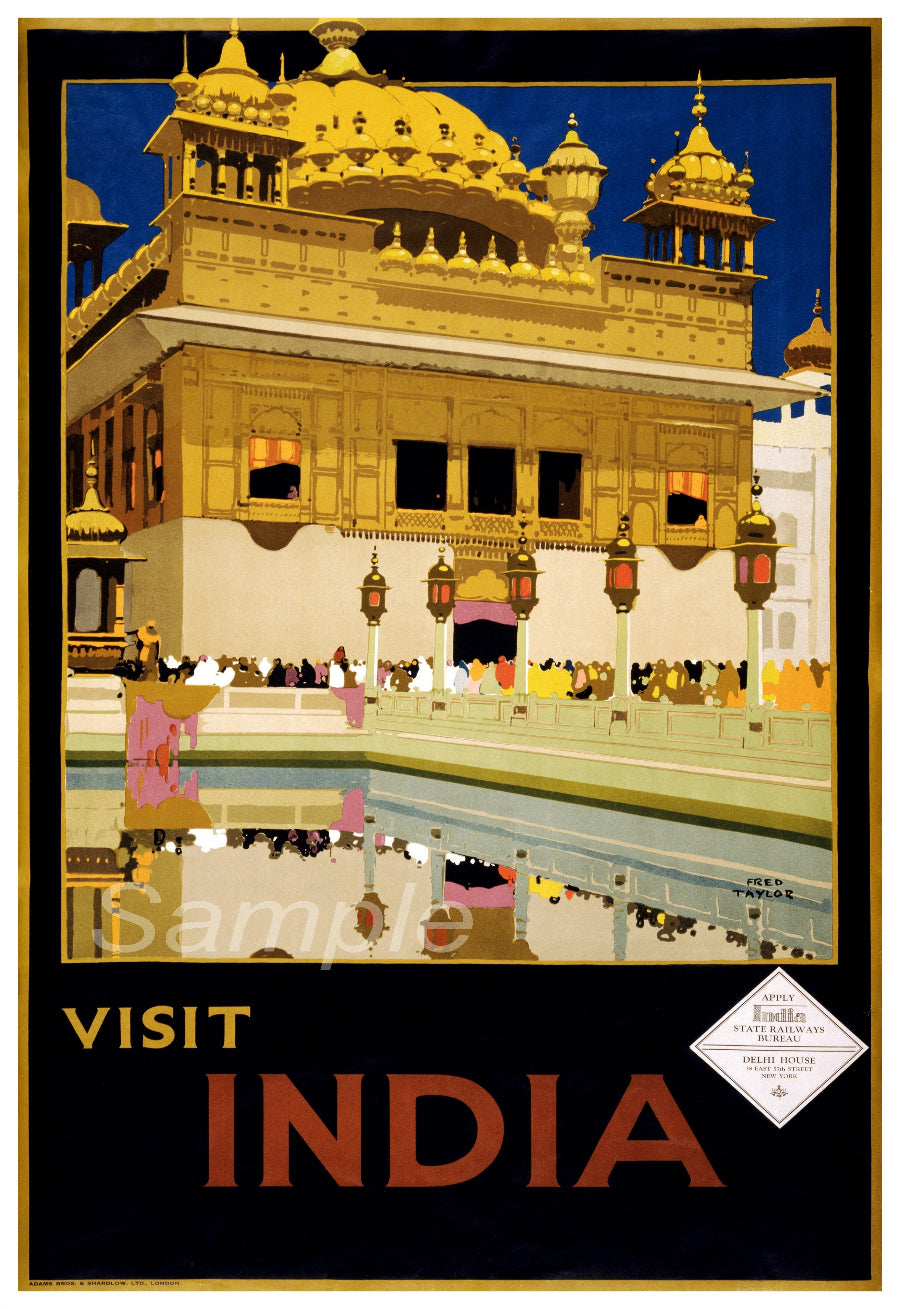 A vintage travel poster print depicting a scene in India with the text 'VISIT INDIA' at the bottom.