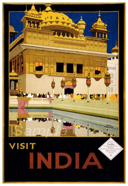 A vintage travel poster print depicting a scene in India with the text 'VISIT INDIA' at the bottom.