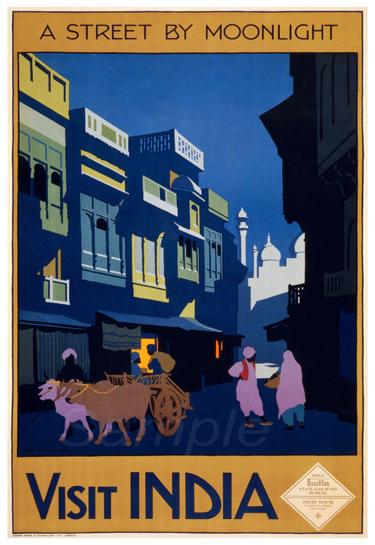 A vintage travel poster print depicting a street scene in India at night, with the text 'Visit India' prominently displayed.