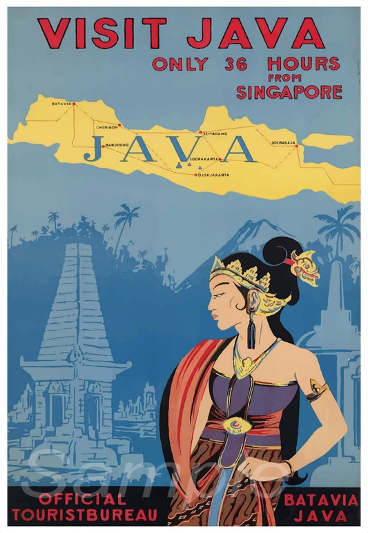 A vintage travel poster print titled 'Visit Java' depicting an illustration of a woman in traditional Java attire with a map of Java in the background.