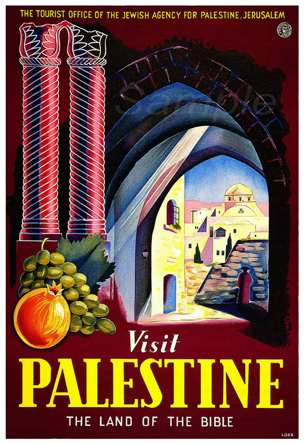 A vintage travel poster print titled 'Visit Palestine' featuring iconic imagery and text, professionally printed on matte photo paper.